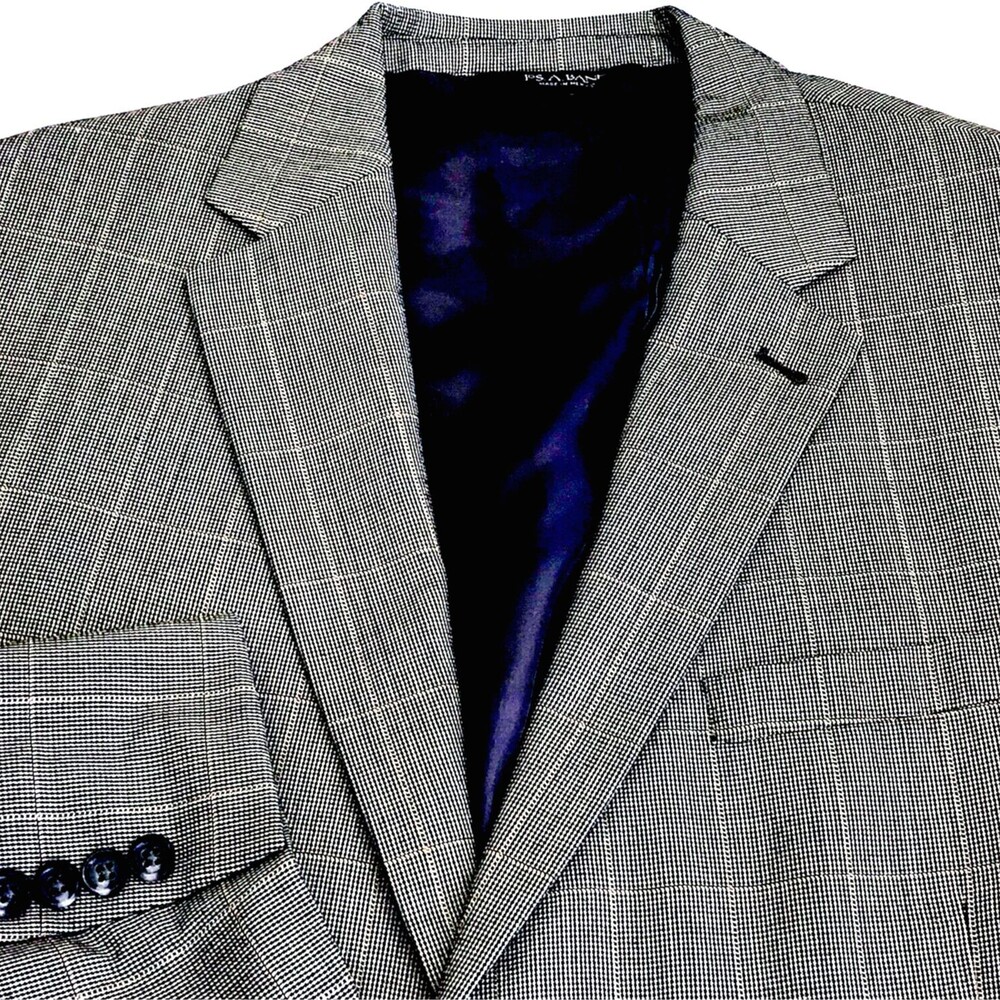 Jos A Bank Signature Sport Coat Silk Wool Plaid Windowpane 44 L Gray Career Prep